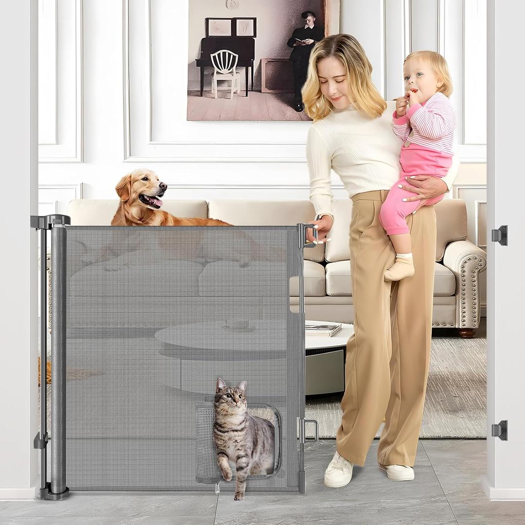Retractable Dog Gate with Cat Door 55" Wide Retractable Pet Gate with Cat Door Mesh Dog Gate Retractable Baby Gates for Doorway Retractable Puppy Gate for The House Retractable Outdoor Gate for Deck Gray, 33" X 55"（With Cat Door ）