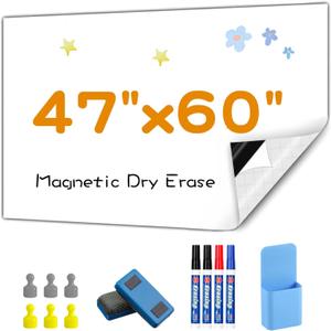 Dry Erase Adhesive Whiteboard Paper, 47" x 60" Stick on Magnetic Contact White Board Sticker on Wall for School, Office, Kitchen Fridge, Kids Drawing
