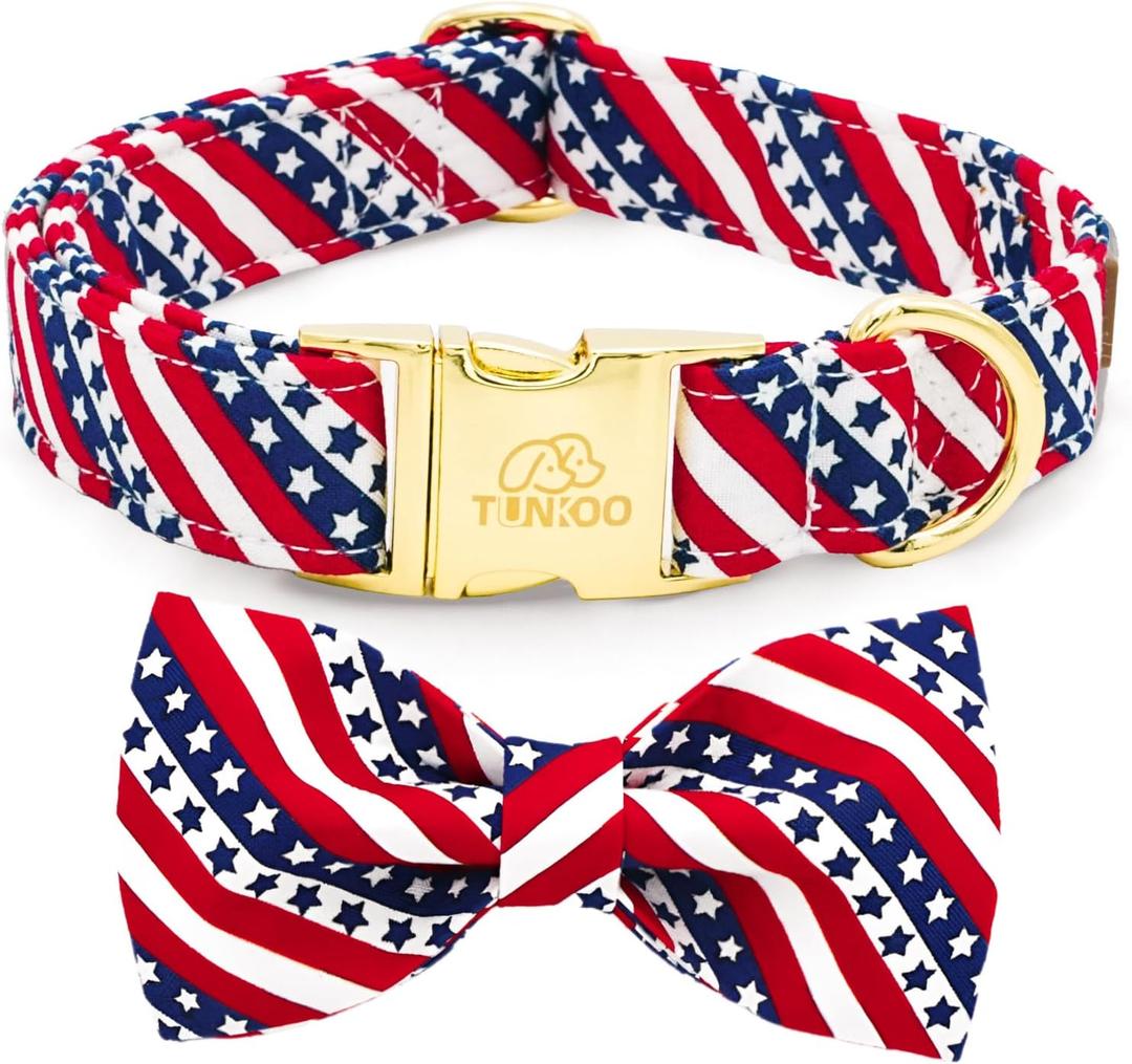 Tunkoo American Flag Dog Collar with Cute Bow Tie 4th of July Cotton Collar Adjustable Durable for Outside Small Medium Large Boys Girls Dogs, L