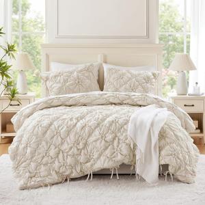 Intelligent Design Queen Comforter Set Ivory Lily Puffy Floral Shabby Chic Boho Bedding Comforter Set, Pinch Pleat Bedding Sets, Ultra-Soft, Lightweight & All-Season, Full/Queen