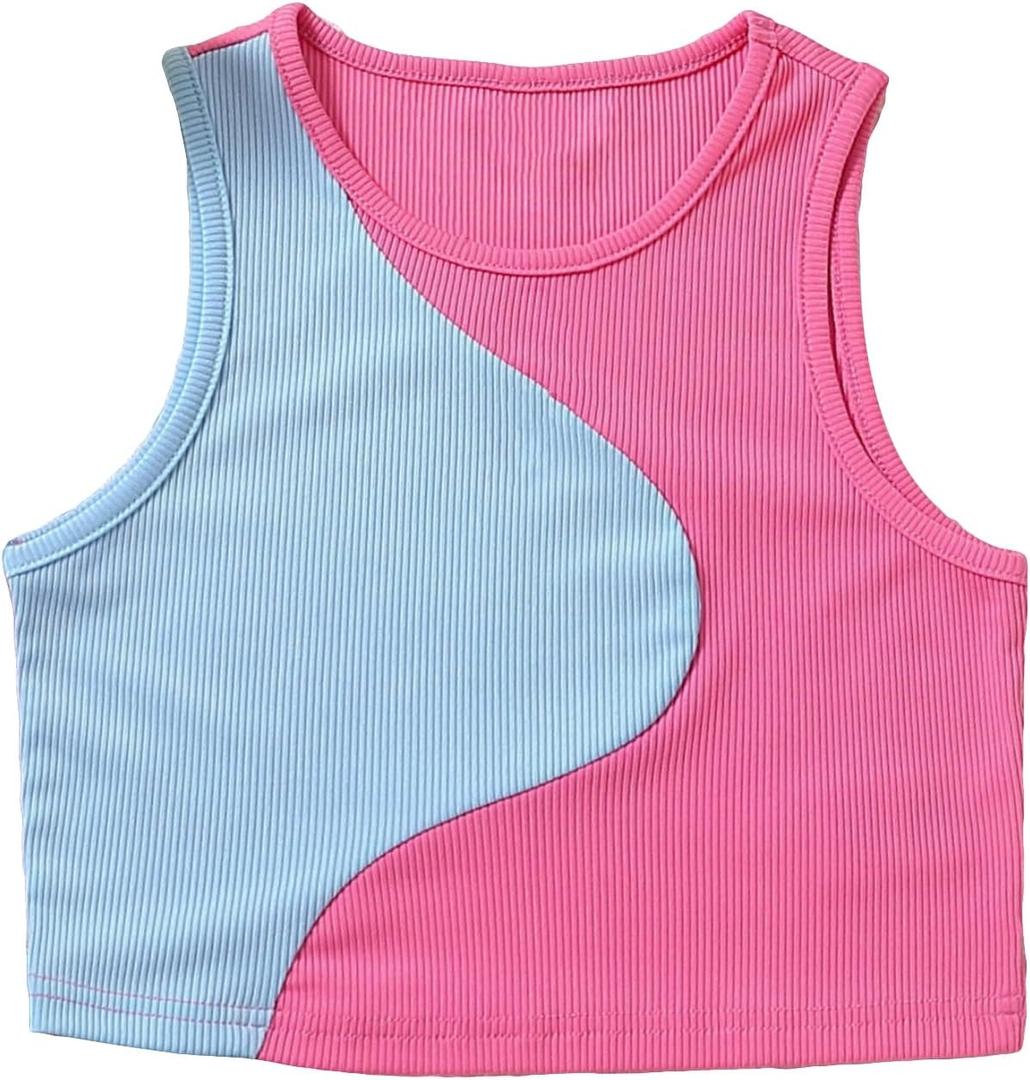 SHENHE Girl's Colorblock Ribbed Knit Round Neck Sleeveless Slim Fit Tank Top Blue and Pink 9Y (Pink)