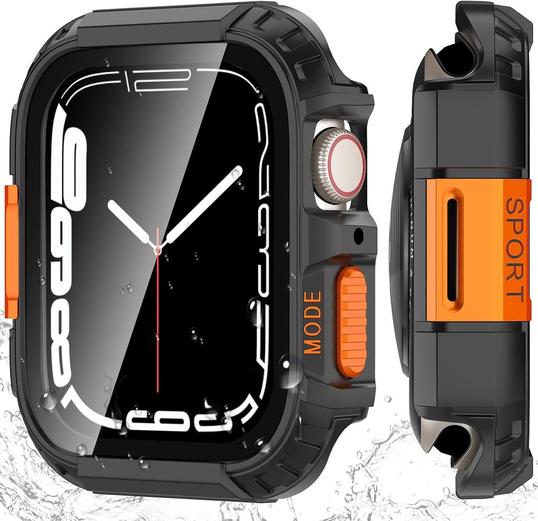 YIJDACASE Rugged Waterproof Case for Apple Watch SE 3/SE 2/SE, Series 4 5 6 44mm, Built-in HD Tempered Glass Screen Protector, Metal & PC Bumper Shockproof Full Protective Cover, Black/Orange