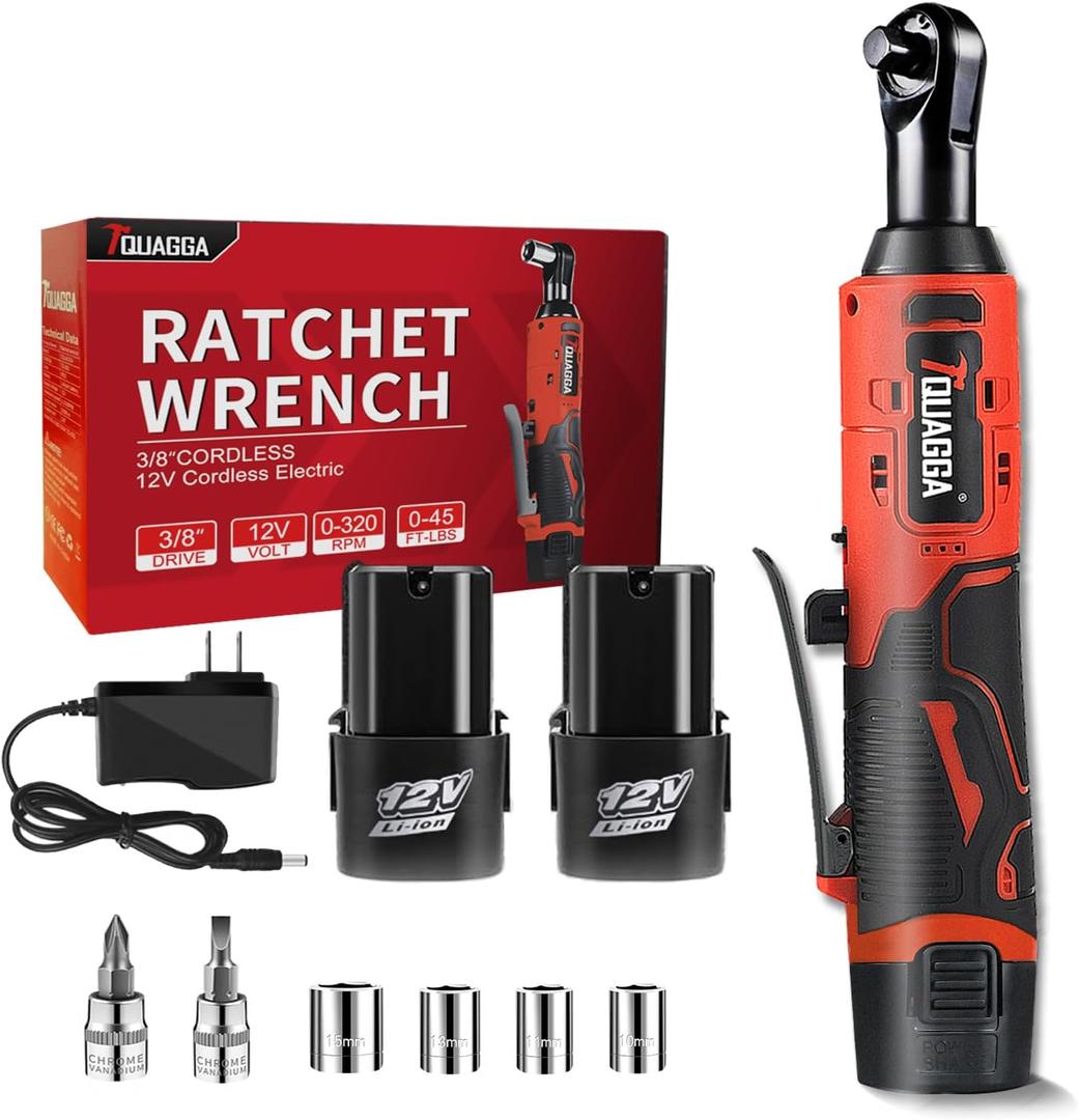 TQUAGGA 3/ 8" Cordless Electric Ratchet Wrench Set, 12V Power Ratchet Tool Kit With 2 Packs 2000mAh Battery And Charger, 45 FT-LBS Battery Powered Wrench with Infinitely Variable Speeds