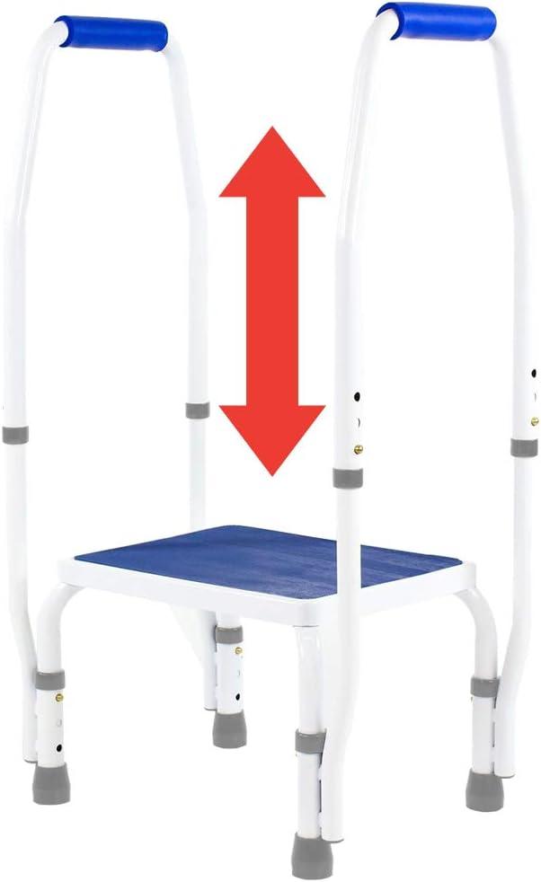 Platinum Health AdjustaStep(tm) DoubleSafe Deluxe Step Stool/Footstool with Dual Handle/Handrail, Height Adjustable. Modern White/Blue Design. Padded Non-Slip Hand Grips (1 Count (Pack of 1))