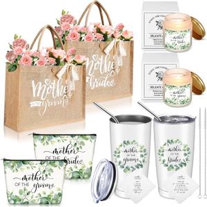 Hushee 2 Sets Mother of The Bride and Mother of The Groom Gifts Set Includes 20 oz Tumblers Canvas Tote Bags Cosmetic Bag Handkerchief Candle for Mom Bridal Shower Wedding Gifts