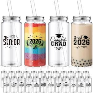 24 Pcs Graduation Gifts 13.5 oz Class of 2026 Plastic Cups with Lid and Straws Bulk Senior Mason Jars Bottles Reusable Tumblers for College Congrats Graduate Party Supplies (Black)