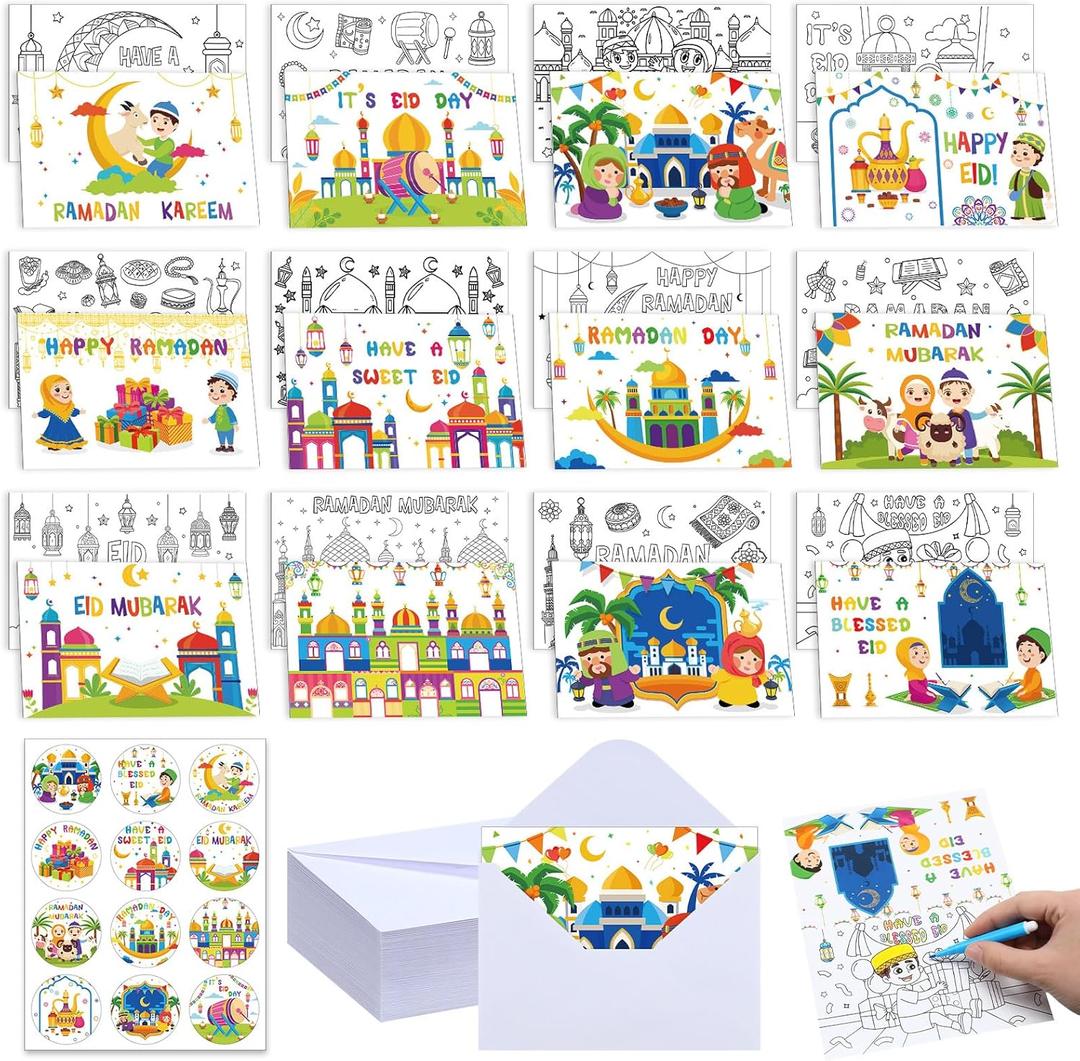 Kolldenn 36 Sets Ramadan Mubarak Coloring Greeting Cards with Stickers Envelopes Color Your Own Eid Mubarak Postcards Ramadan Kareem Paper Crafts