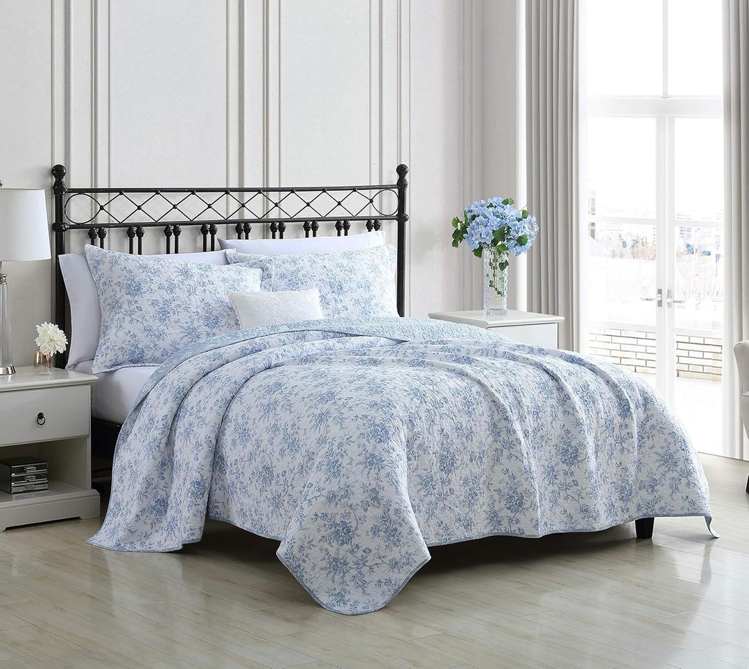 Laura Ashley - Full/Queen Quilt Set, Reversible Cotton Bedding with Matching Sham, Medium-Weight for Year Round Use, Floral Print Bed Set (Walled Garden Blue)