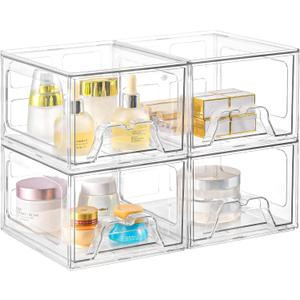 4 Pack Stackable Makeup Organizer, 4.4'' Tall Acrylic Bathroom Makeup Organizer and Storage Drawer with Pull-out Handle, Clear Plastic Storage Bins for Vanity,Pantry,Desk,Undersink,Kitchen