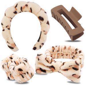 Chanaco Spa Headband, Makeup Headband with Wrist Bands, Hair Accessories for Washing Face and Teen Girl Gifts for Women (beige leopard)