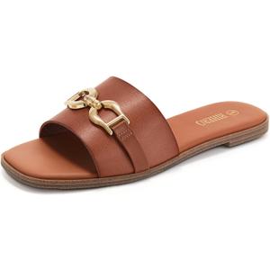 Rihero Women's Flat Sandals Summer Comfortable Square Open Toe Slip On Leather Slide Sandals (7, Cognac)