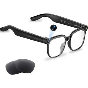 AI Smart Glasses with Camera and Audio, 8MP HD Camera Glasses for Men Women,1080P Video Recording Sunglasses,Real Time Translation,Voice Assistant, Open-Ear Audio for Travel, Meetings & Vlogging 123 (Black)