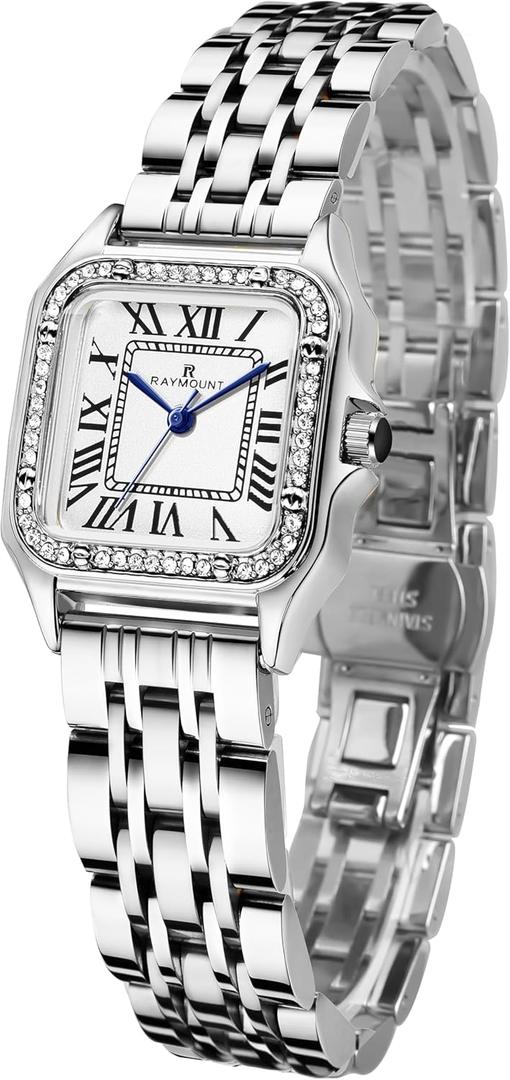 FORSINING Classic Square Watches for Women with Crystal Accents and Stainless Steel, Roman Numerals Ladies Casual Dress Watch (Silver)