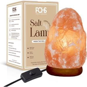 POHS 7 Inches,4-5 lbs, 100% Authentic Natural Himalayan Pink Salt Lamp, Hand Crafted Wooden Base, with on & Off Switch