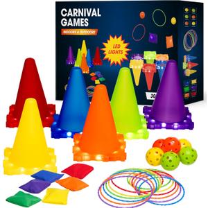 Carnival Outdoor Indoor Game for Kids Ages 4 5 6 7 8 9 10 11 12 and Up with LED Lights – 30 PCS Ring Toss, Bean Bags, Plastic Cone Toss – Perfect for Birthday Gift Parties & Night Play