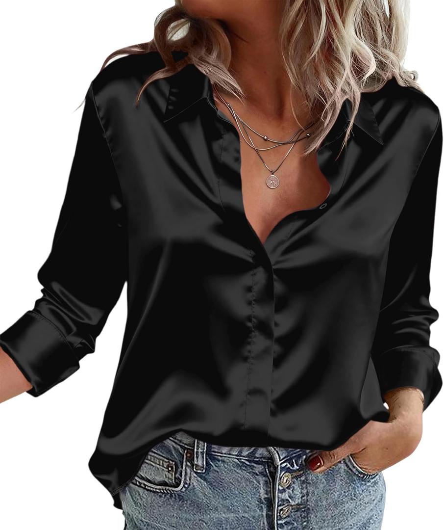 Zeagoo Satin Blouses for Women Casual Long Sleeve Button Down Silk Shirts Dressy Business Work Tunic Top (Large, Black)