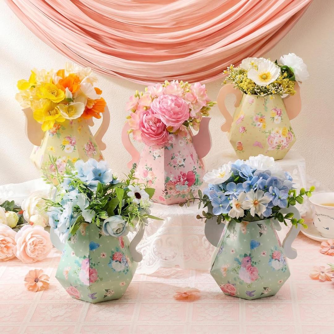 Fulmoon 6 Pcs Tea Party Decorations 6.7'' Flower Box Table Paper Teapot Princess Centerpiece Vase Table Decor Wonderland Fancy Party Decor for Floral Tea Birthday Baby Shower Wedding (Fresh)