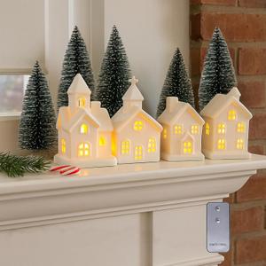 9 Pcs Christmas Village Figurines Sets - 4 Lighted Ceramic Houses with Remote Control & 5 Trees - Christmas Decorations Indoor - White Xmas Holiday Farmhouse Rustic Decor for Home Table Room