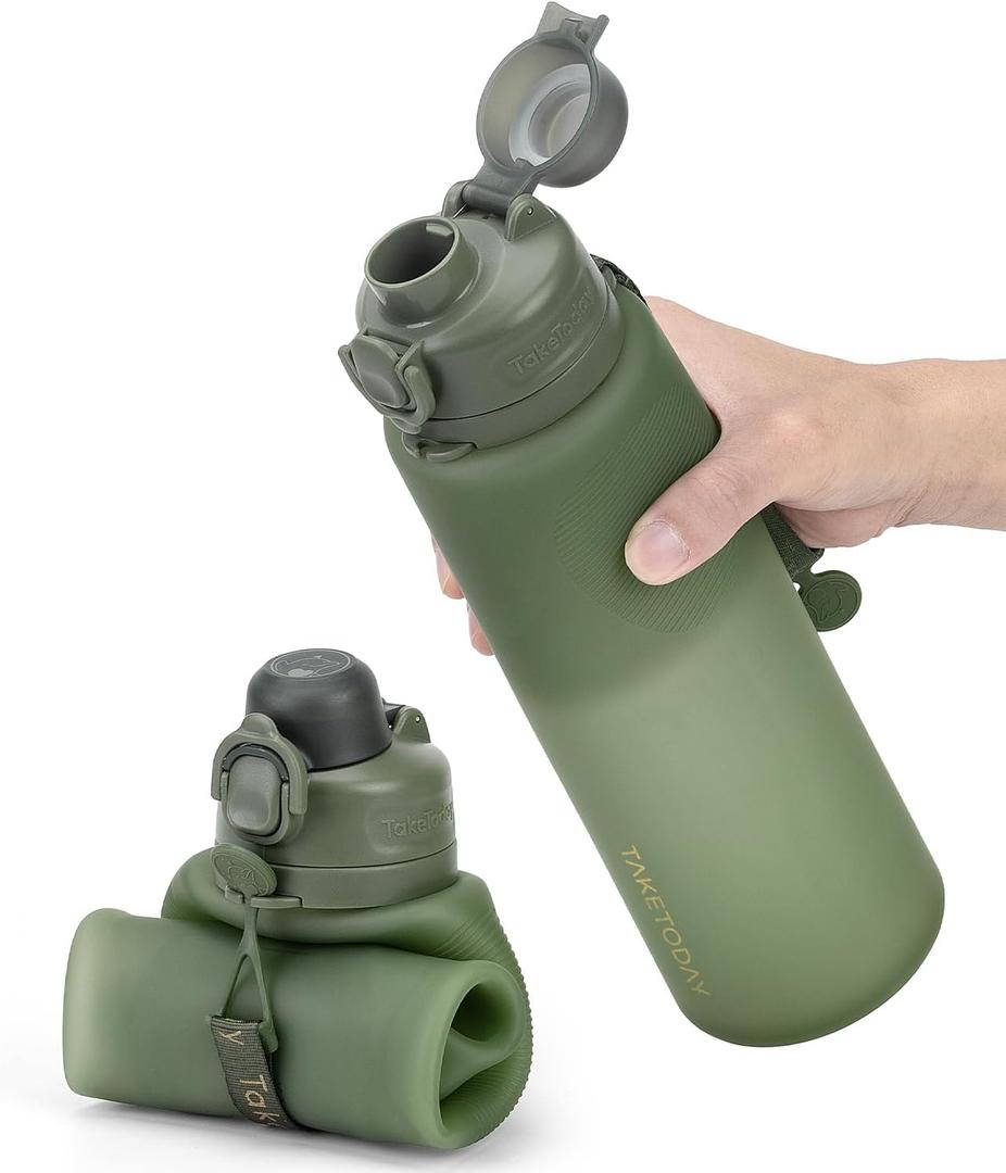 TakeToday Collapsible 32oz Silicone Water Bottles, Foldable Travel Bottle with Strap, BPA Free, Leakproof for Hiking, International Travel, Outdoors (Green/Black)