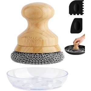 Cast Iron Scrubber and Scraper,Chain Mail Cleaner with Bamboo Handle & Draining Tray,316 Stainless Steel Brush for Cleaning Pots,Pans,Wok,Bakeware,Griddles, Grills,Dishes (Small Chain Mail)