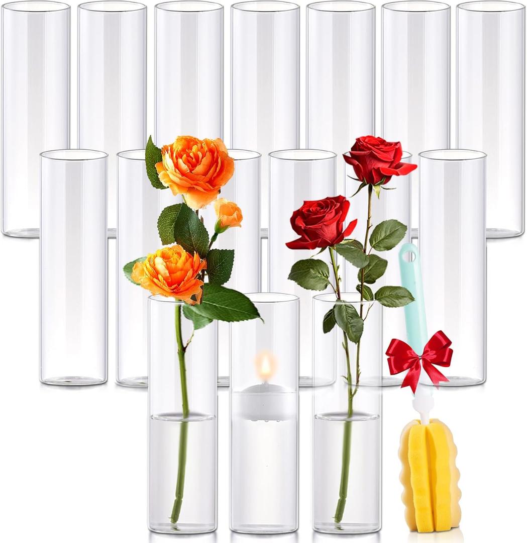 16Pcs Glass Cylinder Bud Vases for Centerpieces,7.7 In Tall Clear Flower Vases in Bulk, Glass Small Vases Floating Candle Holder for Party, Home Decor, Wedding Decoration, Birthday, Anniversary, Baby Shower
