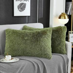 WERDIM Shaggy Fluffy Faux Fur Pillowcases 2 Pack Button Closure Velvet Pillow Shams Standard/Queen Size (Sage Green, 20 X 26 Inches) 
