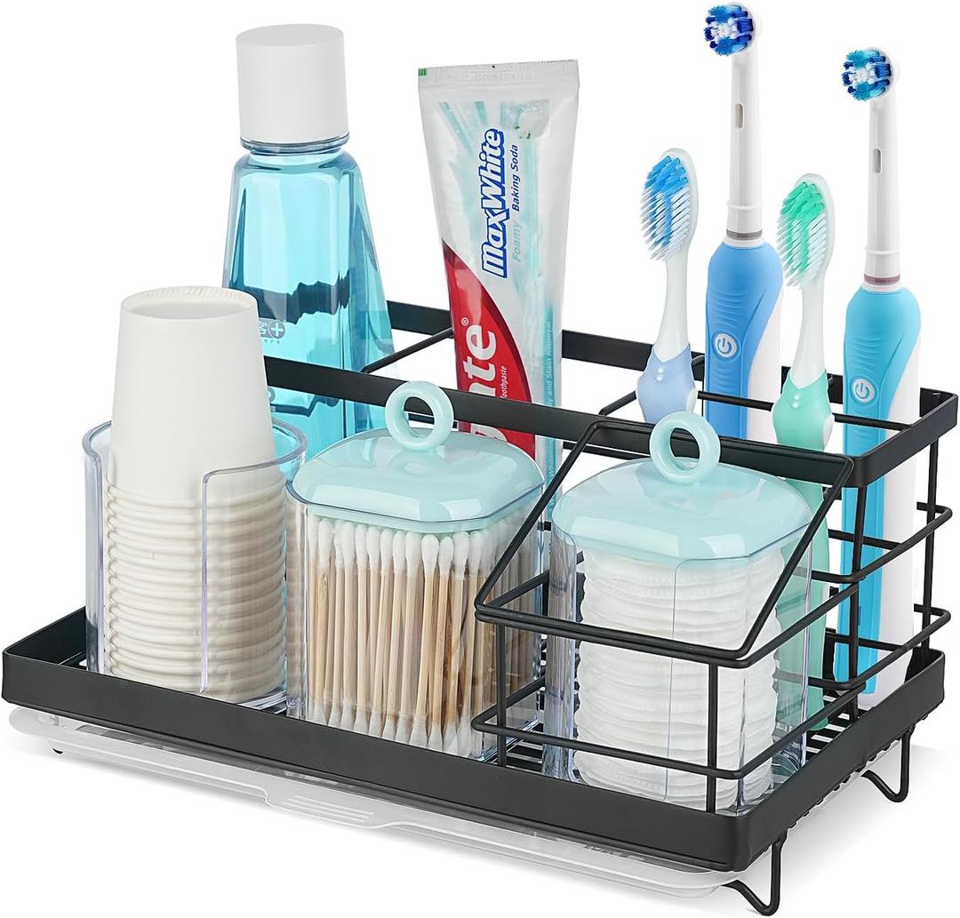Stainless Steel 7 Slots Electric Toothbrush and Toothpaste Holder, Bathroom Countertop Organizer for Bathroom Accessories Organization Counter Vanity Storage, Black