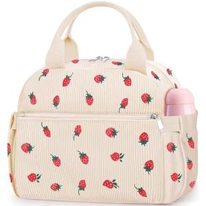 KUBYA Lunch Box for Women, Cute Strawberry Corduroy Insulated Lunch Bag Women Reusable Work Leakproof Simple Adults Large Lunch Boxes Tote Bag Men Cooler Bag