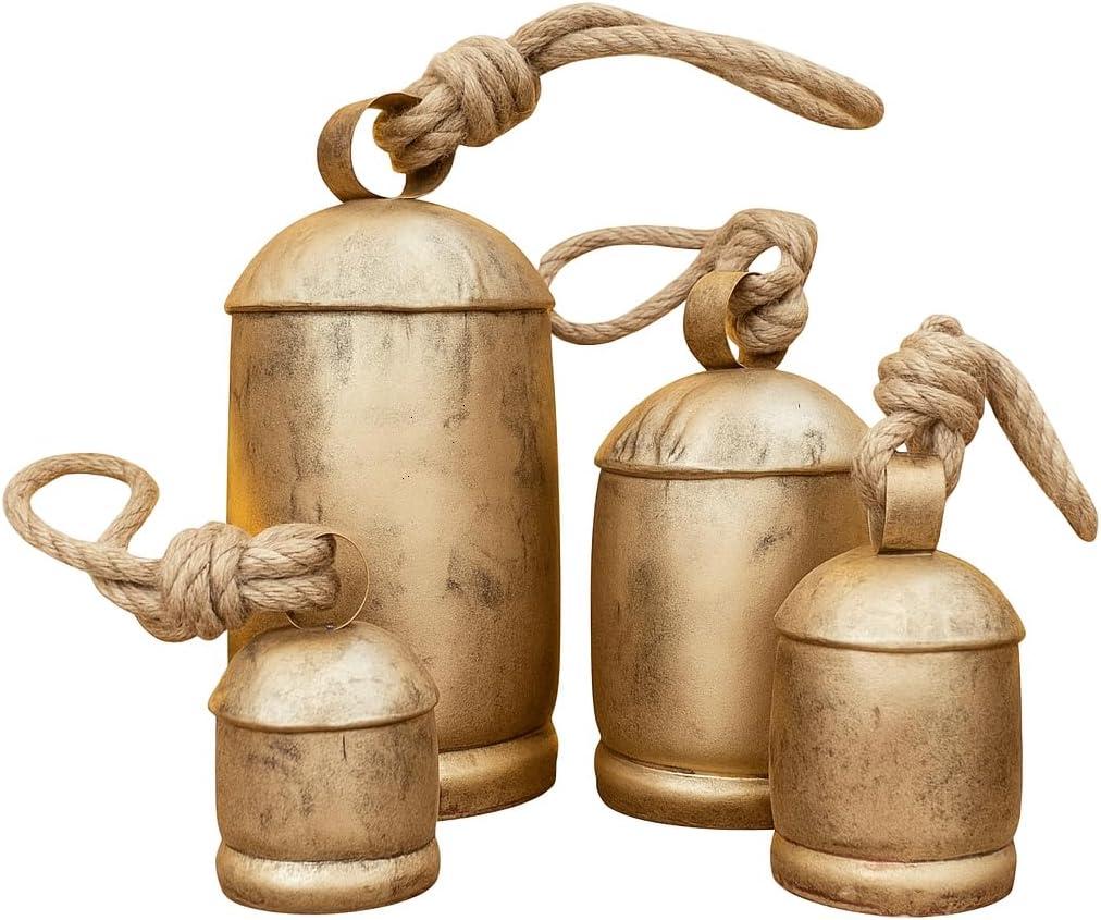 Golden Cowbells for Christmas Decoration Set of 4  Rustic Christmas Bells, Vintage Christmas Decor, Country Rustic Metal Harmony Bells for Home & Garden Decor