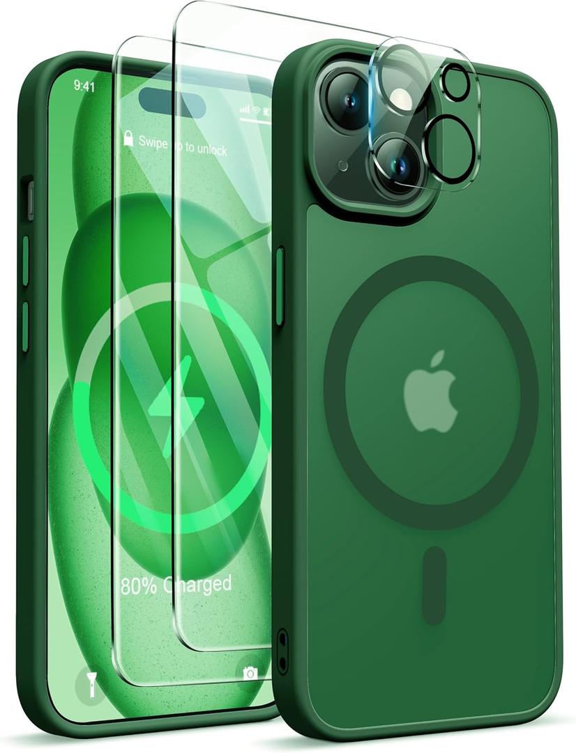 ORETECH Magnetic for iPhone 15 Case, [Compatible with MagSafe] [2 Pcs Screen Protectors] [15 FT Drop Protection] Frosted Translucent Back, Shockproof, Anti-Scratch - Green