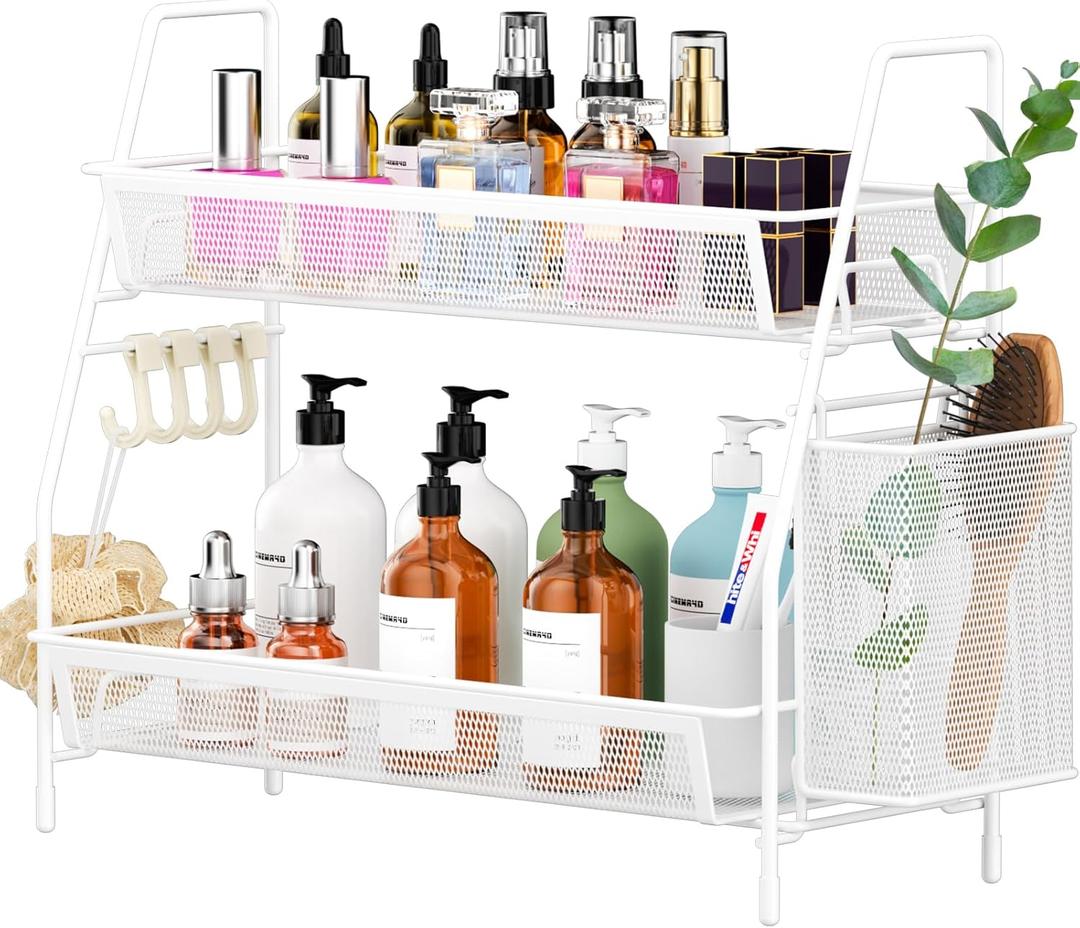 VITVITI 2-Tier Bathroom Organizer Countertop, Metal Wire Mesh Bathroom Counter Organizer Storage with Basket Hooks, Vanity Tray Shelf, Kitchen Spice Rack, White