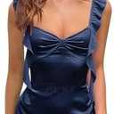 PLKF Ruffles Homecoming Dresses Satin Spaghetti Strap Short Graduation Cocktail Dress for Teens, Navy Blue, Size 6