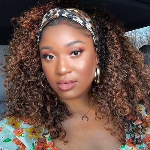 Aisaide Kinky Headband Wig 12 Inch Deep Curly Headband Wigs for Black Women Glueless No Lace Deep Curly Half Hair Wigs Dark Almond Brown