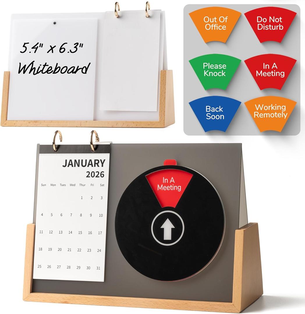 Desk Status Indicator for Office - 3-in-1 Privacy Sign with 6 Meeting Statuses, 2026 Desktop Monthly Calendar & Magnetic Acrylic Dry Erase to-Do Board, Solid Wood Base for WFH Cubicle, Black (U-sharp Stand)