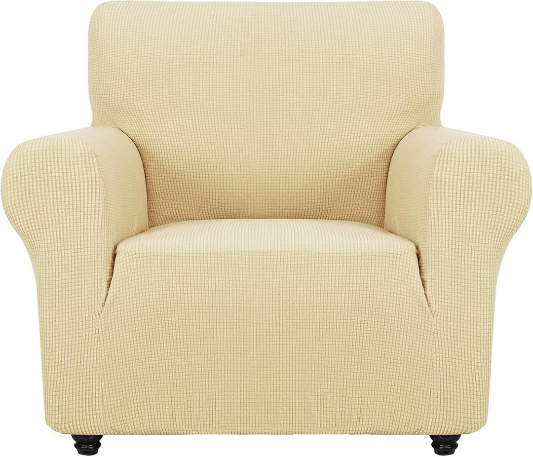 ZNSAYOTX Super Stretch Chair Slipcover Universal Sofa Chair Covers for Living Room Dogs Pet Furniture Protector Spandex Armchair Slipcovers with Anti Slip Foam Sticks (Beige, Chair) (Small (30"-47"))