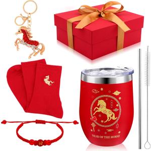 5 Pcs Year of the Horse 2026 Stainless Steel Mug with Lid Horse Keychain Beaded Bracelets with Box Chinese Lunar New Year Tumbler Gifts Red China Decorations