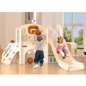 XJD 8 in 1 Toddler Slide Set, Kids Slide for Toddlers Age 1+, Toddler Climber Slide PlaySet with Basketball Hoop and Ball,Outdoor Indoor Playground for Toddlers 1-3 (Beige Coffee, 8 in 1)