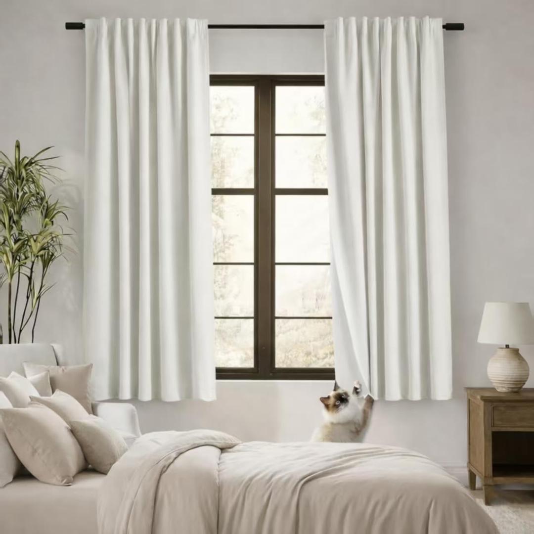 72 Inch Long Linen Black Out Curtains for House, Pet Friendly Washable Back Tab Pleated Insulated Blackout Curtains for Bedroom Living Room 2 Panels Set, 52x72 in Length, Cream (Natural)