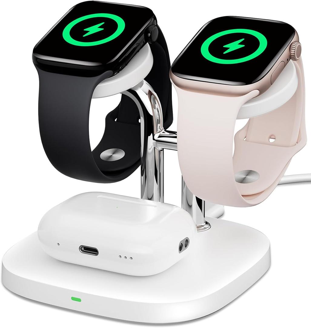 Dual Watch Charger with Fast Charging for Apple Watch, SwanScout 704A, 3-in-1 Wireless Charging Station Stand for Apple Watch Ultra 3/11/10, Wireless Charger Dock for AirPods Pro 3/4 (White & Silver)