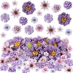 250 Pcs Artificial Flowers Heads Mini Silk Mix Flowers Fake Peony Daisy Rose Flowers Multicolor Small Flower Heads for Wedding Home Decorations Party Craft Garland DIY (Purple)