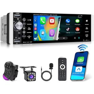 Hikity 5.1 Inch Car Stereo with Wireless Apple Carplay Android Auto, Single Din Touch Screen Car Radio with Bluetooth, Mirror Link AM FM EQ SWC, Car Audio Receiver with USB/TF/AUX-in, Mic, Backup Cam