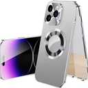 Magnetic Metal Edge Full Body Military Drop Protection for iPhone 14 Case,Compatible with MagSafe,Rugged Built-in Privacy Screen Protector Logo View Shockproof Cover,Silver