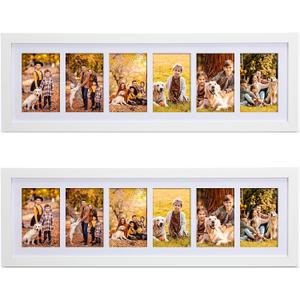2 Pcs 28.4 x 9.5 Inches Collage Picture Frames for Wall Multiple 4 x 6 Inch Wood Picture Frame Display 6 Opening Multi Photo Frame with Acrylic Screens Horizontal and Vertical(White), 28.4 x 9.5 inches / 72 x 24 cm
