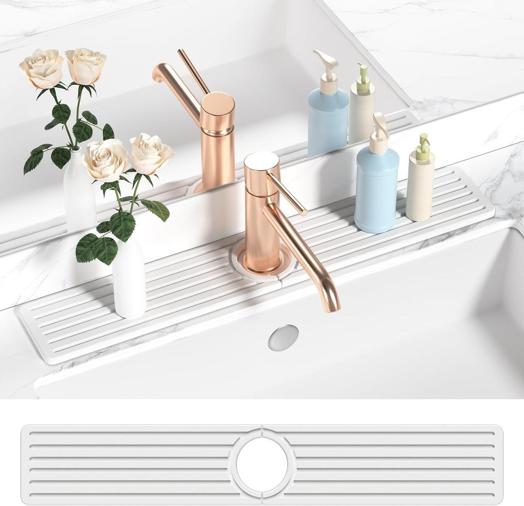 Diatomite Faucet Mat for Kitchen Sink with Raised Pads & Cleaning Brush, Super Absorbent Fast Drying Stone Sink Tray, Splash Guard Protector Mat for Bathroom Counter (White, 23.6" x 3.9")