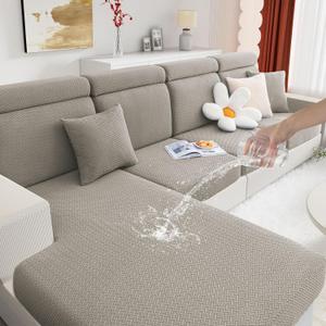 hyha Waterproof Sectional Couch Cushion Covers, Wear Resistant Sofa Slipcovers Washable, Anti Slip L Shape Couch Covers for Sectional Sofa, Furniture Protector for Pets (1 Piece Chaise, Taupe)