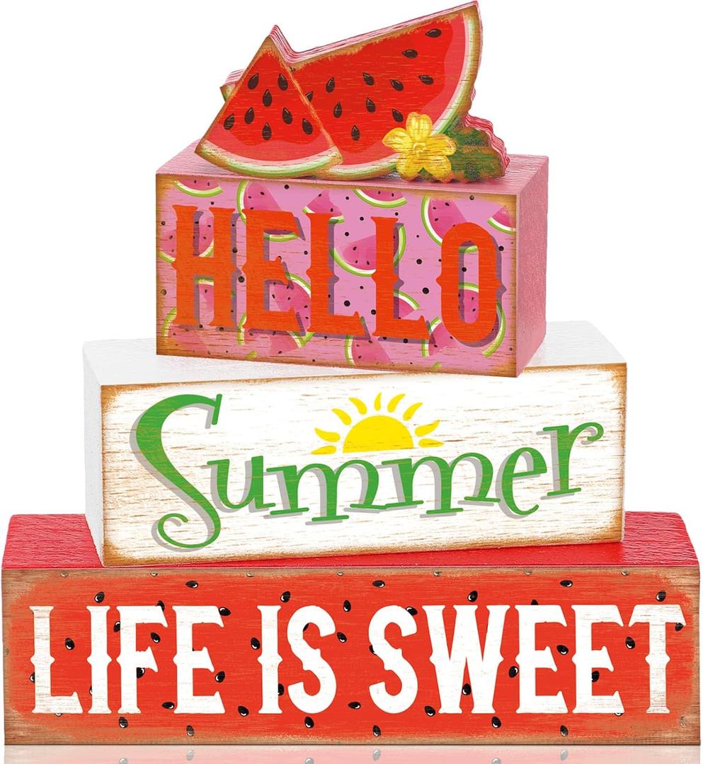 4 Pcs Summer Wooden Tiered Tray Decor Farmhouse Rustic Table Decor Books Stack Block Signs for Table & Home Office Decorations(Watermelon Style)