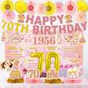 24 Pcs 70th Birthday Decorations for Women, Back in 1956 Party Supplies, Pink Gold 70th Birthday Banner Backdrop Hanging Swirls Balloons Honeycomb Centerpieces Sash