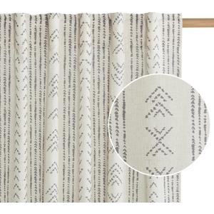 RYB HOME Boho Linen Sheer Curtains for Farmhouse, Light Filtering Printed Curtains & Drapes for Bedroom Living Room, Back Tab Vintage Striped Window Decor for Office, Beige, W 52 x L 84 inch, 2 Panels (*3-grey)