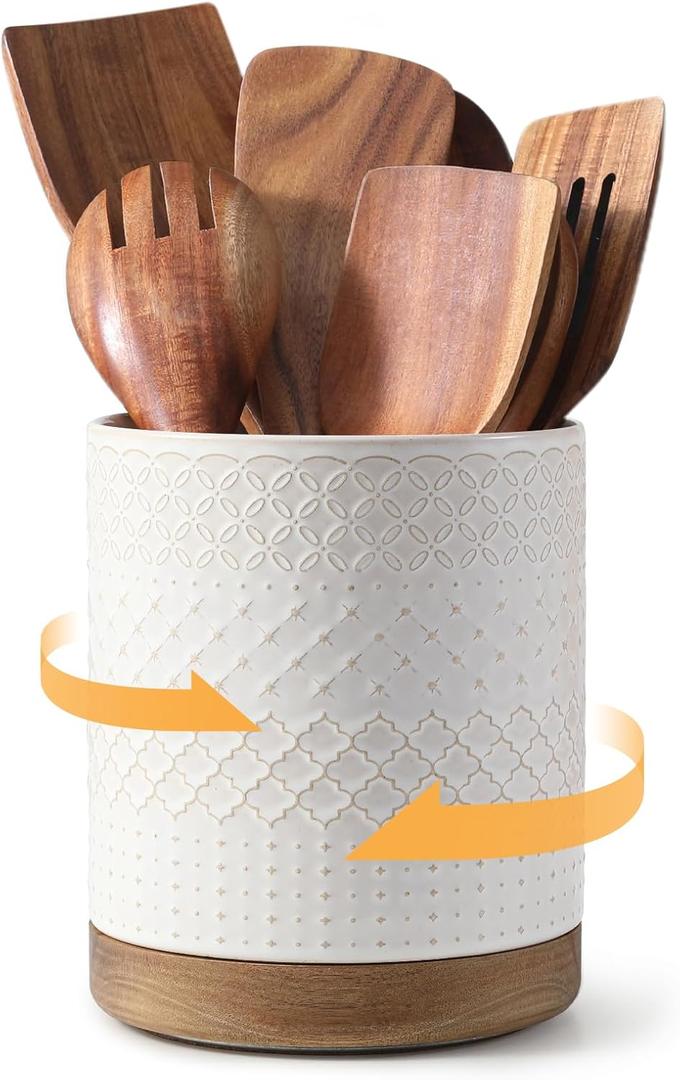 DOWAN 360 Rotating Extra Large Cooking Utensil Holder, 7.6" Kitchen Utensil Holder for Countertop, Utensil Crock for Farmhouse Kitchen Decor, Ceramic Stable Utensil Caddy, White Embossed
