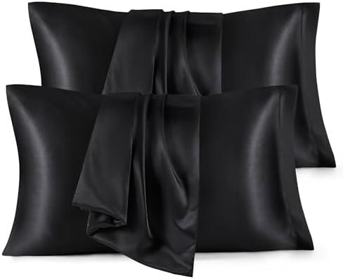 Bedsure Satin Pillowcases Standard Set of 4 - Black Silk Pillow Cases for Hair and Skin 20x26 inches, Satin Pillow Covers 4 Pack with Envelope Closure, Gifts for Women Men